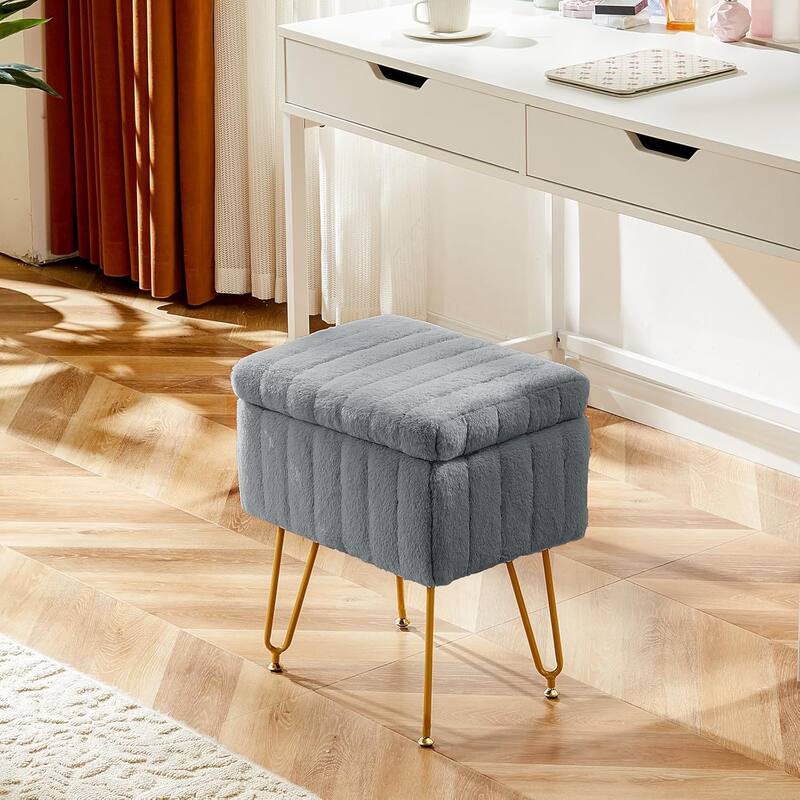 Vanity Stool Chair with Storage, Ottoman Boucle Soft Padded Makeup Footstools Seat 1PCS - 12.2"D x 16"W x 18.9"H