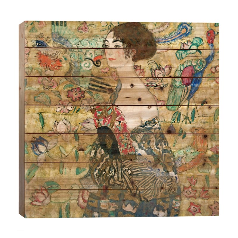 Lady with a Fan Print On Wood by Gustav Klimt - Multi-Color - 26x26x1.5