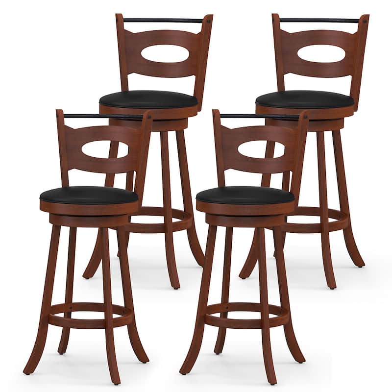 Gymax 4PCS Swivel Bar Stools Dining Chairs Solid Rubber Wood Leather - Bar Height - Brown - Set of 4