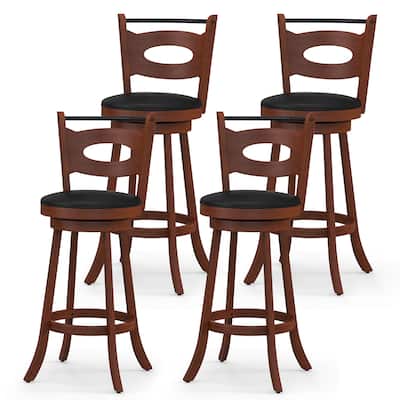 Gymax 4PCS Swivel Bar Stools Dining Chairs Solid Rubber Wood Leather