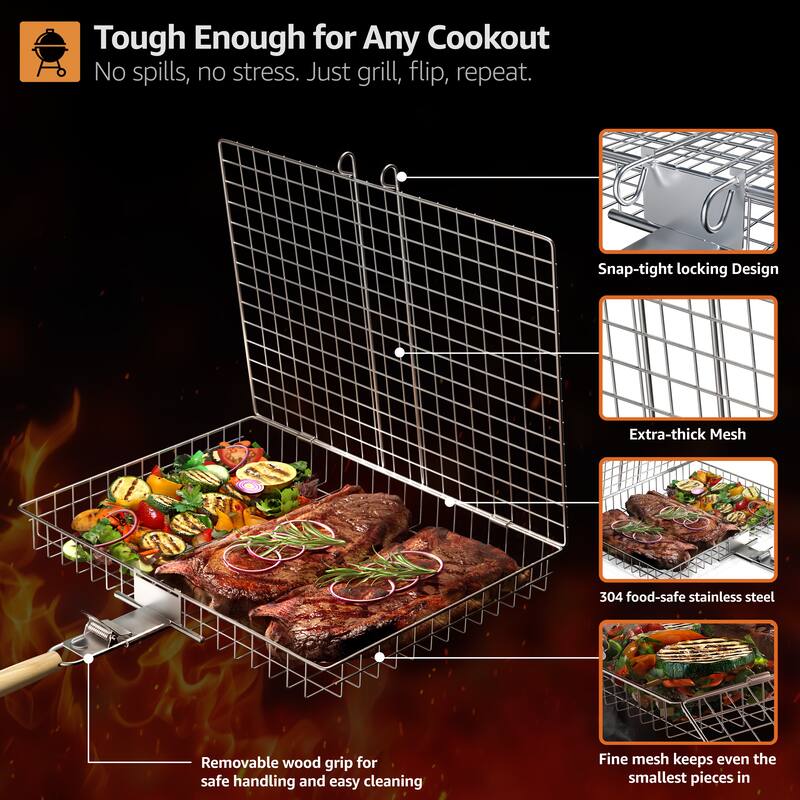 Sorbus Large Stainless Steel Barbecue Folding Grilling Basket with Removable Handles- Set of 2