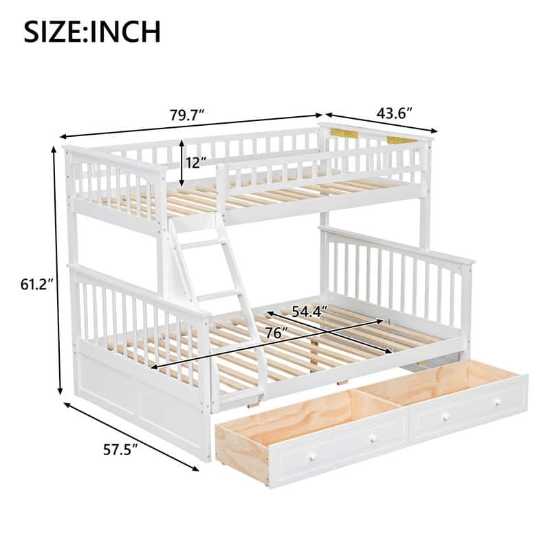 Twin over Full Size Wood Bunk Bed with Drawers, Convertible Beds