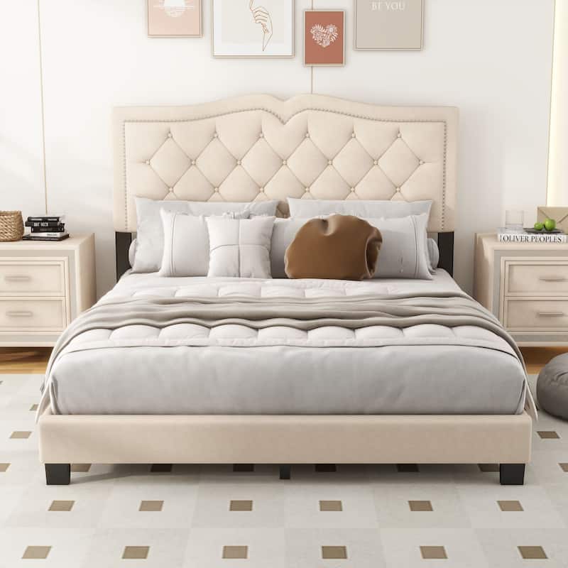 Upholstered bed frame with rivet design - Beige - Queen