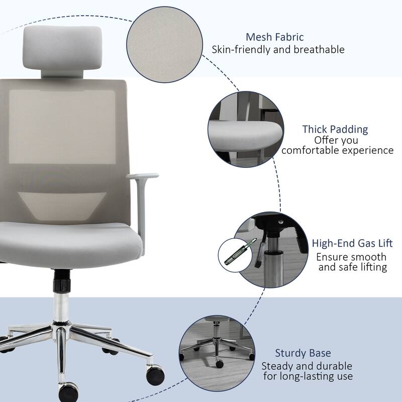 Vinsetto High Back Office Chair, Swivel Task Chair with Lumbar Back Support, Breathable Mesh, and Adjustable Height, Headrest