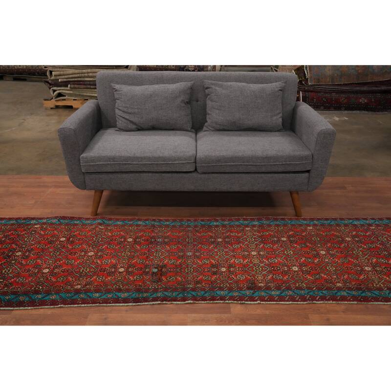 Hand Knotted Oriental 100% Wool Carpet Traditional Geometric Red Ardebil Runner Rug - 11' 3'' X 2' 8''