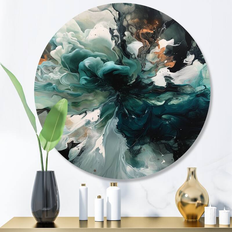 Designart "Green White Marbled Artistry II" Modern Geometric Metal Round Wall Art - 16x16 - Disc of 16 Inch