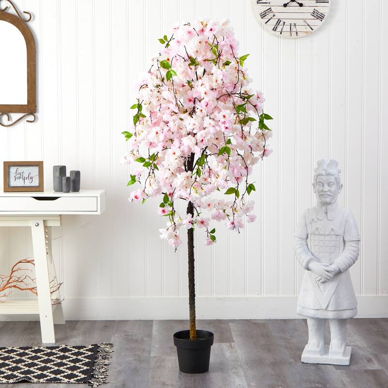 Artificial Cherry Blossom Tree 5ft - Indoor Decor, Pink & White Flowers, Compact Space Tree, Home Accent - Green - 51-60 Inches