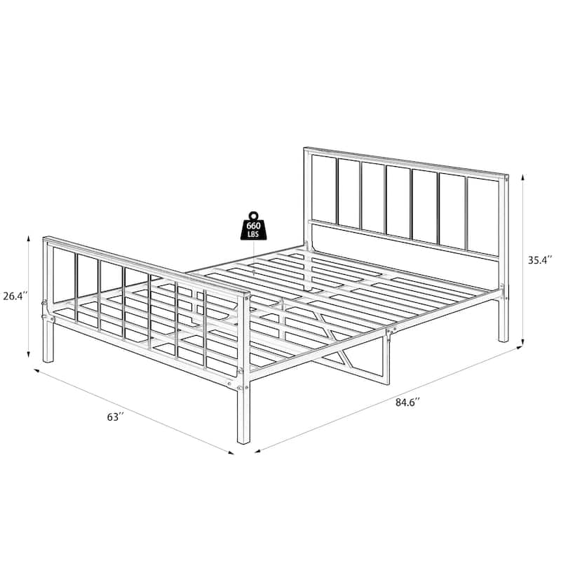 Black Metal Queen Platform Bed with Headboard and Footboard - No Box Spring, 660 lbs Capacity