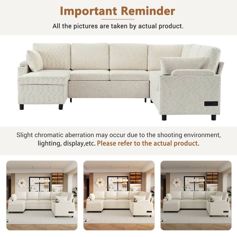 U-Shaped Chenille Sectional Sofa with Storage Chaise Lounge, Convertible Sleeper Sofa Bed with Cup Holders & Charging Ports