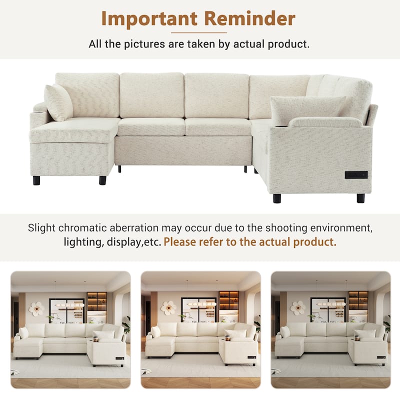 U-shaped Sofa, Chenille Sectional Sofa with 2 Cup Holders and Charging Ports Livingroom Sleeper Recliner Sofa Couch