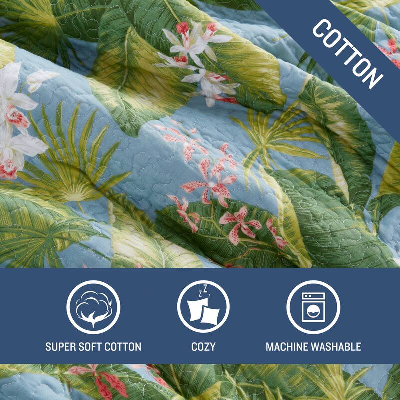 Tommy Bahama Aregada Dock Tropical Foliage Soft Textured Quilt (Blue, 3 Piece Set)