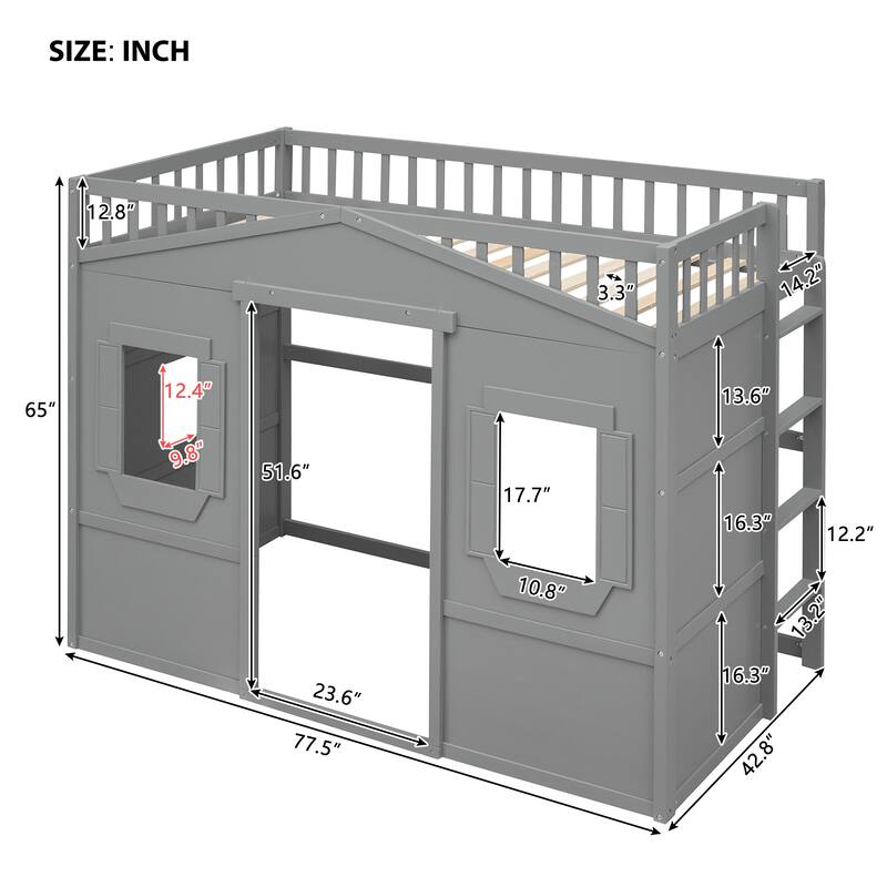 Modern Twin/Full Loft Bed with Ladder, Solid Pine Wood, Safety Guardrails
