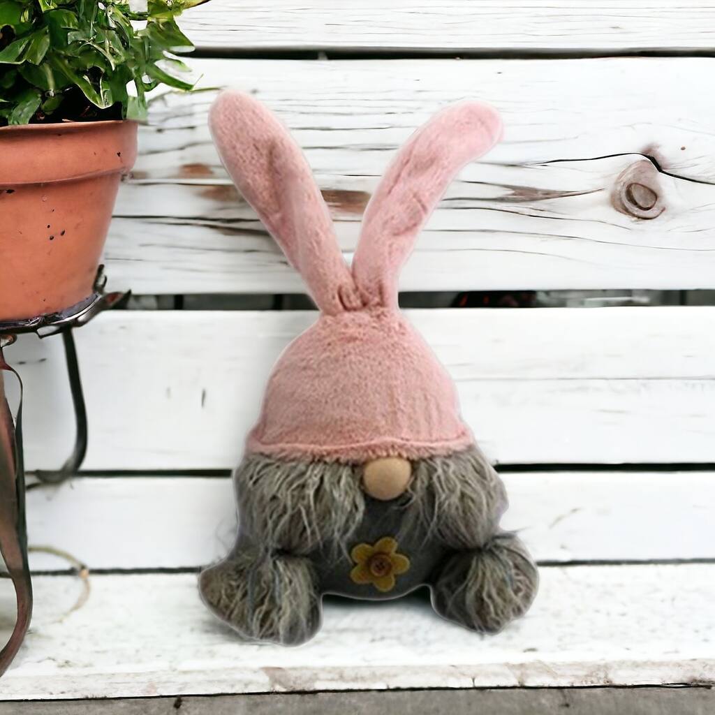 HomeRoots 19" Gray and Pink Fabric Bunny Ears Standing Gnome - 6.3' X '19.3' X '7.5