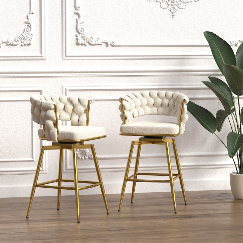 Woven Bar Stool Set of 2, Upholstered Swivel Bar Stool with Back, Kitchen Island Chairs with Footrest and Golden Legs - White