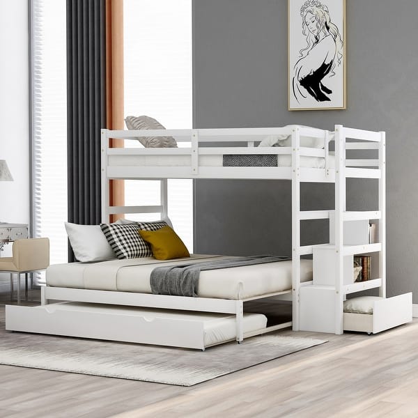 Twin Over Twin King Bunk Bed With Twin Size Trundle Overstock 32054145 White