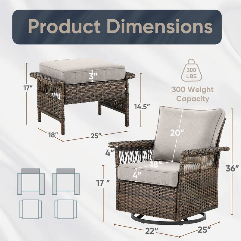 Pocassy Outdoor Swivel Chairs with Sofa Chair Ottoman and Table Set