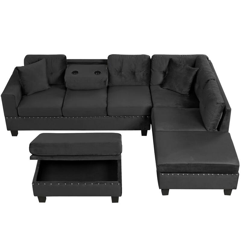 105.1" Velvet L-Shaped Sectional Sofa with Ottoman & Cup Holders