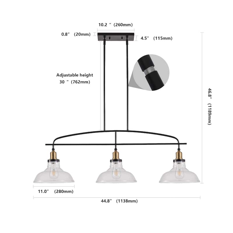 45" Industrial 3-Light Pendant Chandelier with Clear Glass Shades, Adjustable Height, Modern Farmhouse(Bulb Not Included)