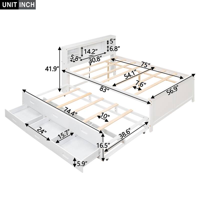 Full Platform Bed with Storage Headboard, USB Charging Port, Twin Trundle, and 3 Drawers - Space-Saving Design