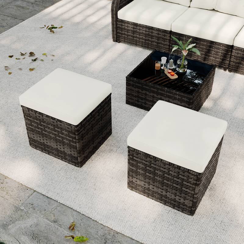 Outdoor Patio PE Wicker Ottoman with Cushion Set of 2