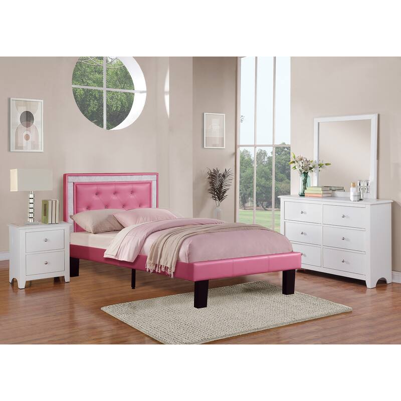Pink Faux Leather Full Size Bed with Tufted Diamond Headboard & Wooden Legs - Modern Bedroom Furniture