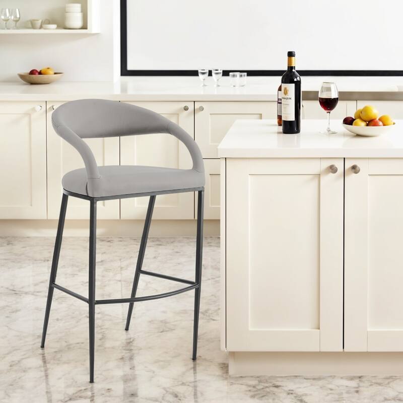 Faux Leather Counter Height Bar Chair with Arms, Bucket Seat and Matte Black Iron Frame