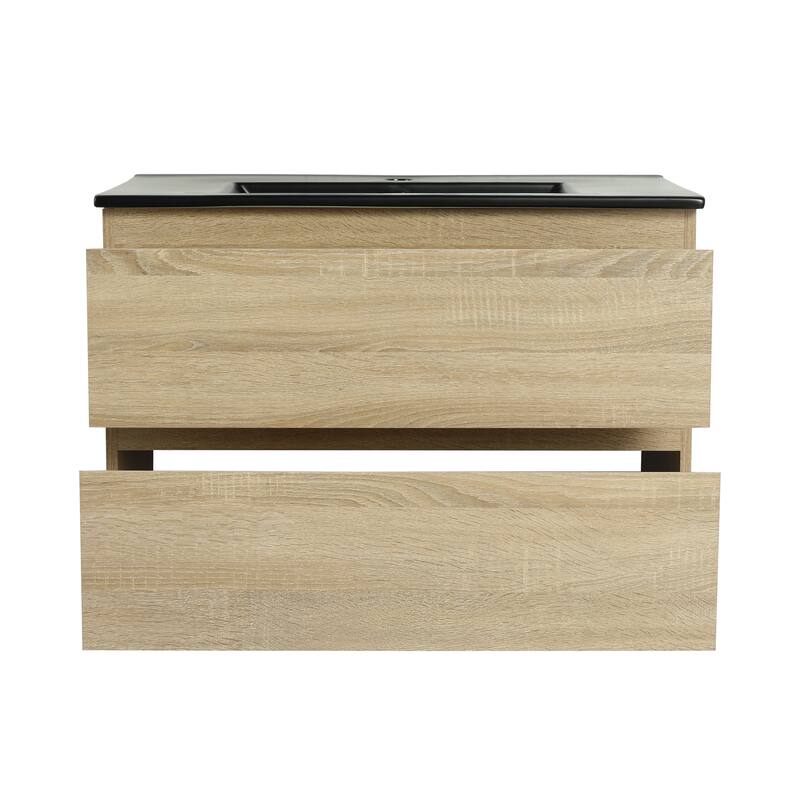 Modern 24" Floating Bathroom Vanity with Black Ceramic Basin, Soft-Close Drawers, Water-Resistant Melamine Surface