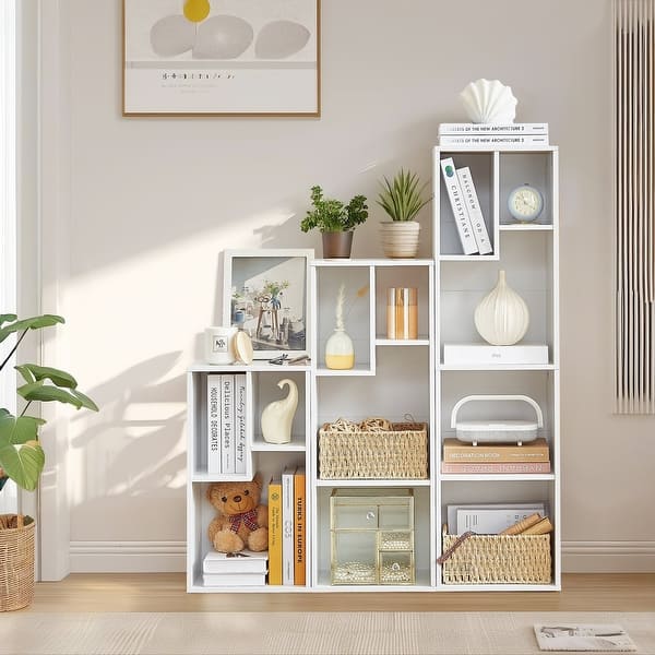 slide 2 of 36, VECELO Set of 3 Cube Bookshelves 2/3/4-Tier Open Shelf Bookcase with Irregular Cubes for Living Room Study Bedroom Office White(set of 3)