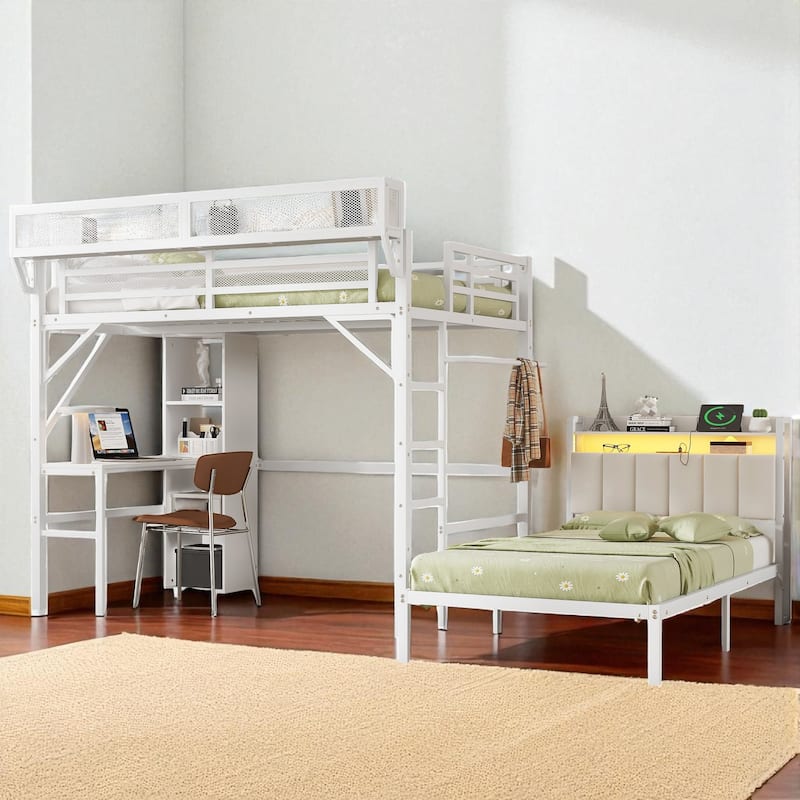 Full Over Twin Metal Bunk Bed with Desk, Bookshelves, LED Lights & Charging Station, Detachable Loft Bed
