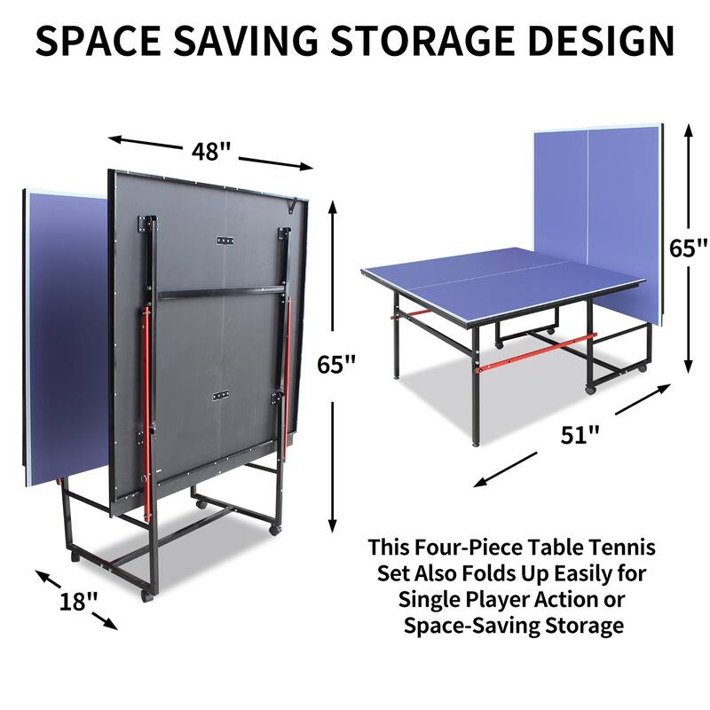 Roomfitters 8ft Indoor Ping Pong Table, Foldable & Portable Table Tennis Table Set with Net, 2 Paddles and Balls, Blue