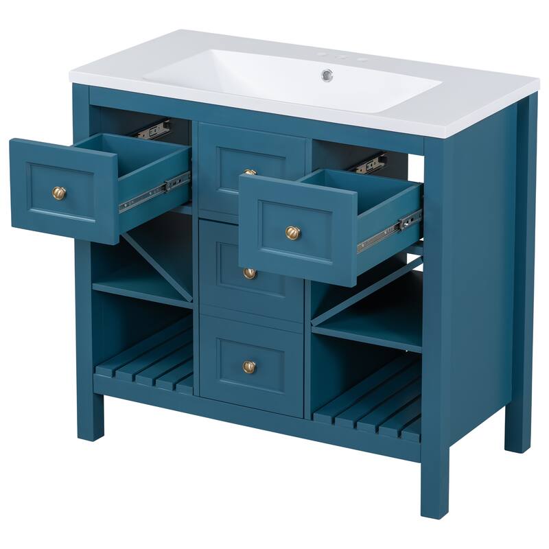 Bathroom Vanity with Resin Top Sink, Bathroom Storage Cabinet with 5 Drawers, Bathroom Vanity Set with 4 Open Shelves