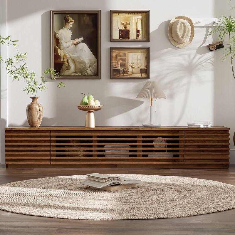 Minimalist Media Console Cabinet with Cable Management, TV Stand Entertainment Center for TVs up to 80" - Walnut