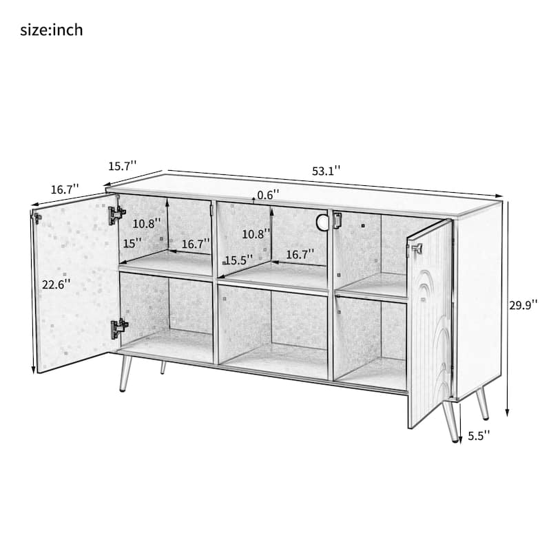 53.1"Modern TV Stand with Gold Metal Legs with Open Shelves and Cable Management