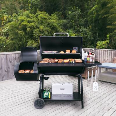 Royal Gourmet Charcoal Barrel Grill with Offset Smoker, Black