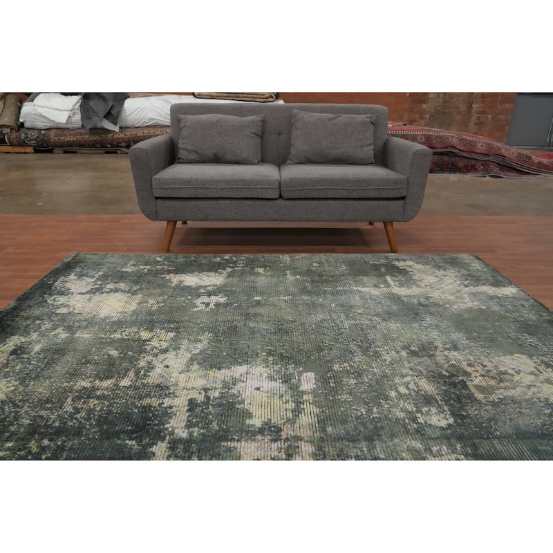 Hand Knotted Oriental Viscose Silk Carpet Modern All-Over Green Abstract Area Rug - 7' 9'' X 5' 6''