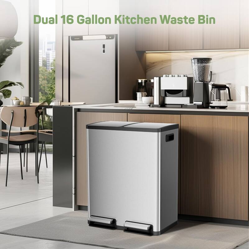 Kitchen Trash Can, 16 Gallon Garbage Can with Dual Inner Bins, Large Capacity 60 Liter Trash Can with Soft-Close Foot Pedal
