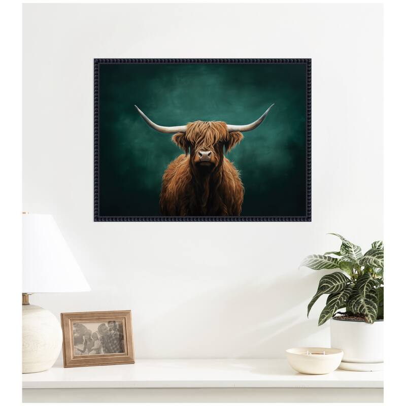 Kate and Laurel Highland Cow on Tonal Teal Green Abstract by The Creative Bunch Studio Framed Canvas Wall Art Print