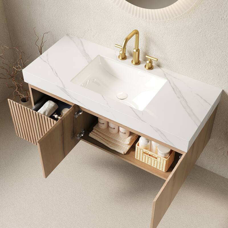Floating Bathroom Vanity with Sintered Stone Top & Undermount Ceramic Basin with Three Pre-drilled Faucet Holes