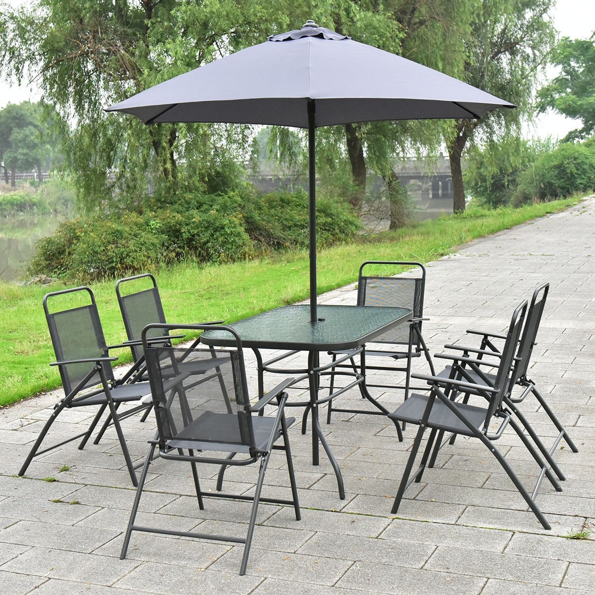 Shop 8 Pcs Outdoor Patio Square Folding Furniture Set With Umbrella Overstock 30647370