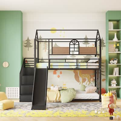 Modern Twin Over Twin Metal Bunk Bed with Slide and Storage