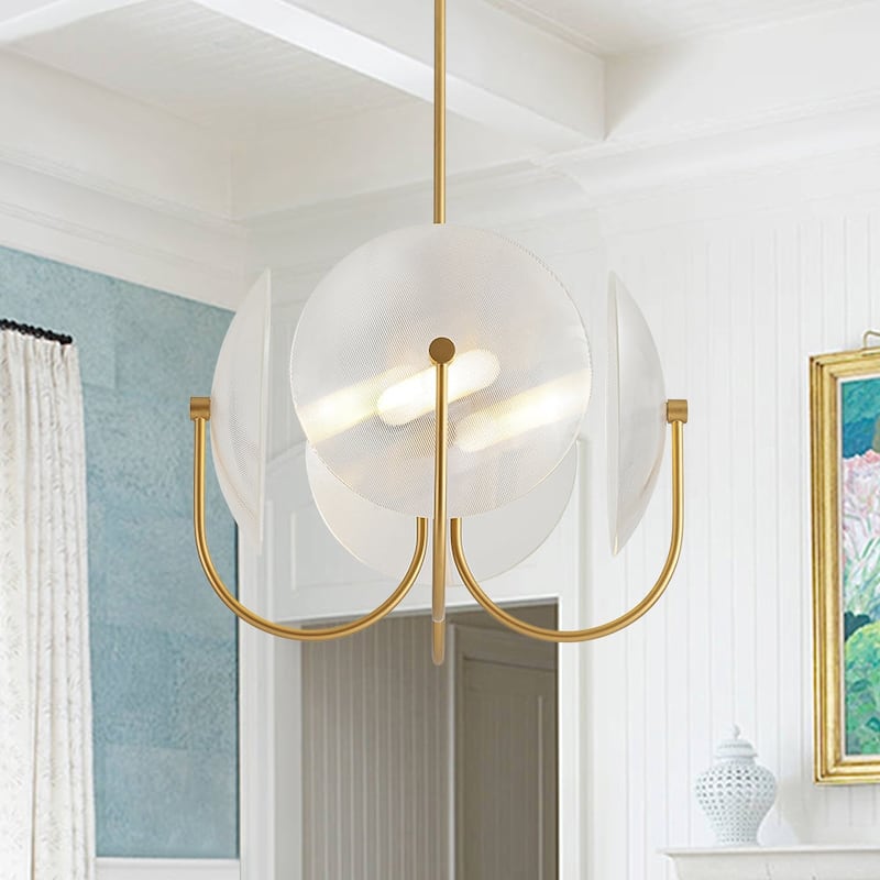 Designer 4-Light White Glass Disc Sphere Sputnik Chandelier 20in - Ribbed Glass + Brass Finish