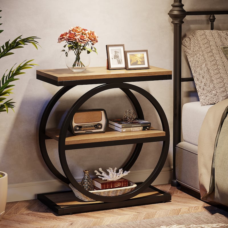 23.62 Inches Brown Wooden End Table with Geometric Base for Living Room, Industrial Nightstand for Bedroom