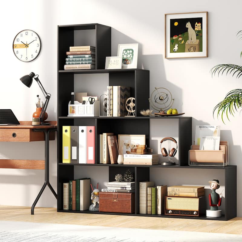 Gymax 4-Tier Bookshelf w/ 6 Storage Cubes 64'' Tall Modern Geometric