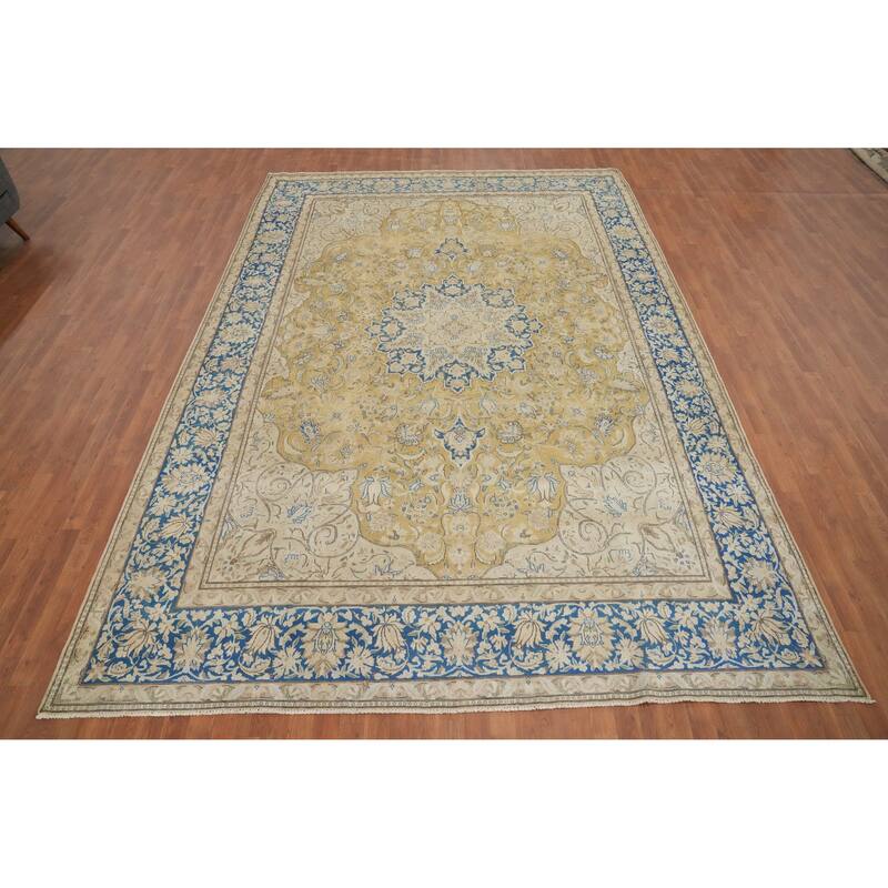 Hand Knotted Oriental 100% Wool Carpet Traditional Floral Yellow & Gold Kerman Area Rug - 13' 5'' X 9' 3''
