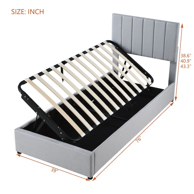 Twin Size Upholstered Platform Bed with Vertical Stripe Headboard & Hydraulic Storage System, Durable Frame,No Box Spring Needed