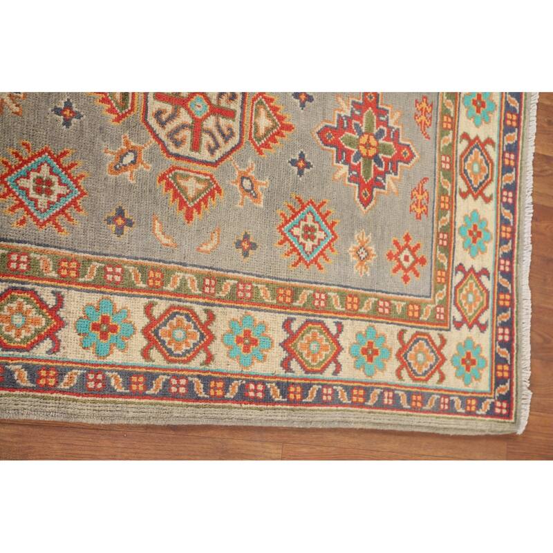 Geometric Kazak Foyer Rug Handmade Grey Wool Carpet - 2'8" x 4'0"