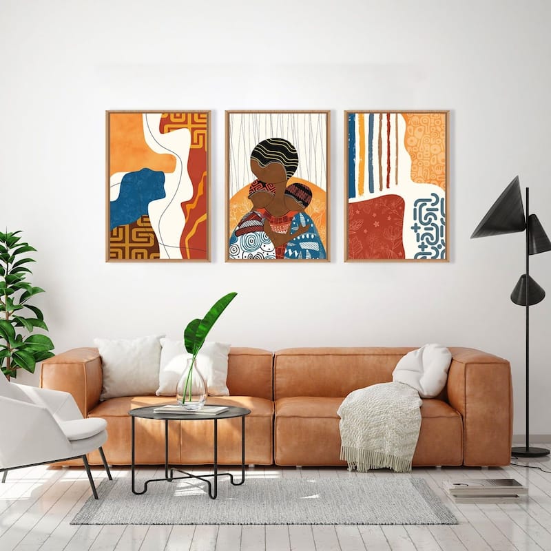 Boho Abstract Black Woman Framed Canvas Wall Art Set