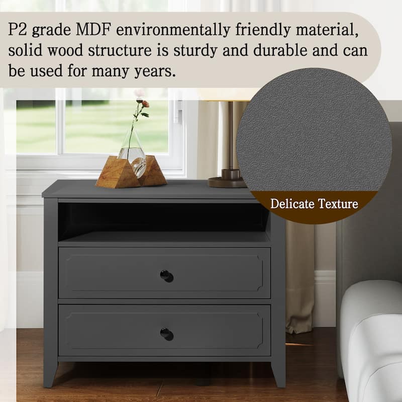 EROMMY Modern Wide Nightstand with 2 Drawers and Open Storage, Bedroom Bedside Table with Solid Wood Legs, Nightstand.