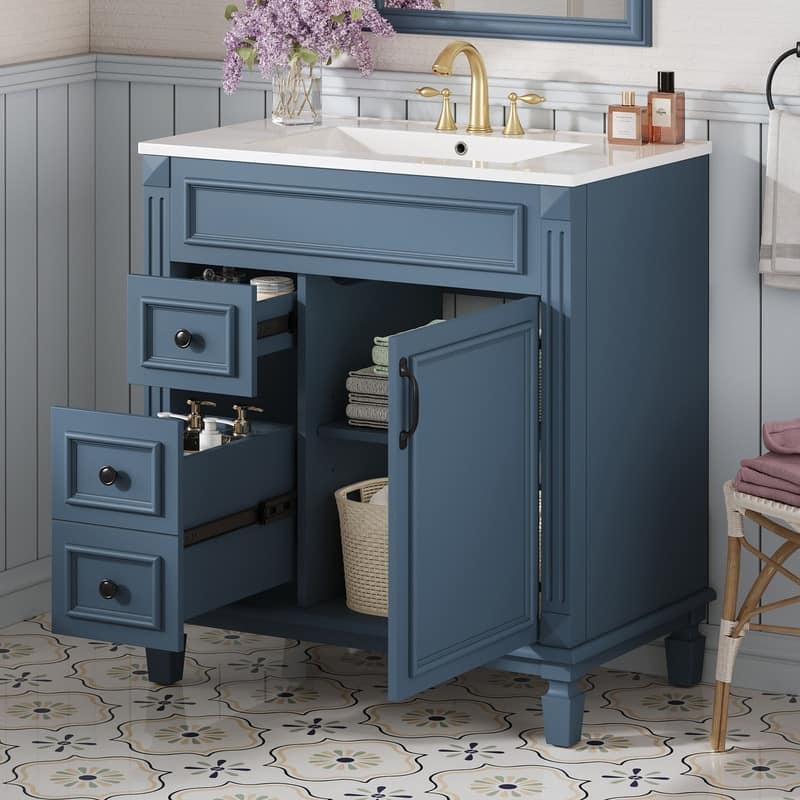 30" Bathroom Vanity with Ceramic Sink, 2 Drawers and Adjustable Shelf - Blue