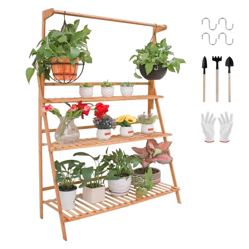 3 Tier Bamboo Hanging Plant Stand Ladder Flower Rack Hanging Baskets